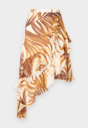 Asymmetrische rok met een bruin-beige bladmotief en gelaagde volantdetails op een lichte achtergrond.