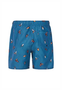 Pantaloni da bagno blu con cintura elastica, caratterizzati da un motivo di bevande e ghiaccioli. Include una tasca posteriore e un tessuto morbido e leggero.