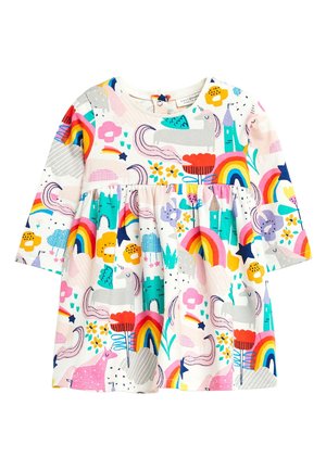 Sukienka dla malucha z długim rękawem, ozdobiona kolorowymi wzorami jednorożców, tęczy, kwiatów, gwiazd i zamków na białym tle.