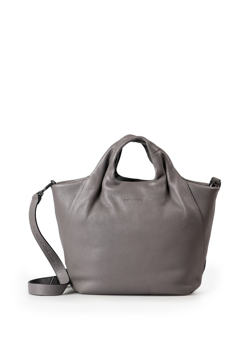 Graue Lederhandtasche mit strukturierter Oberfläche. Sie verfügt über einen einzigartigen, weichen Griff und einen verstellbaren Schultergurt für Vielseitigkeit.