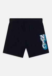 Schwarze Shorts aus Baumwollmischgewebe mit elastischem Bund und einer Seitentasche. "NYC" Grafik in Blau und Weiß auf dem linken Bein.