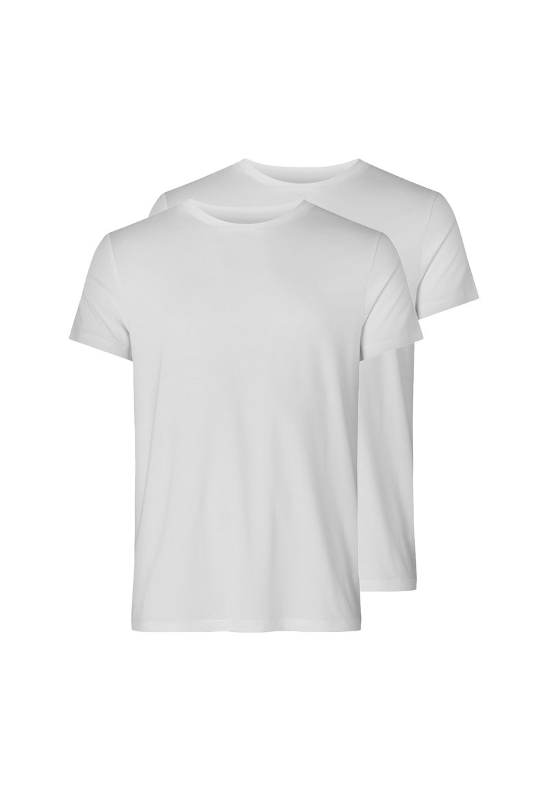 Zwei weiße Rundhalsausschnitt-T-Shirts werden präsentiert, die kurze Ärmel und eine einfache, glatte Textur aufweisen. Es sind keine Muster oder Verzierungen vorhanden.