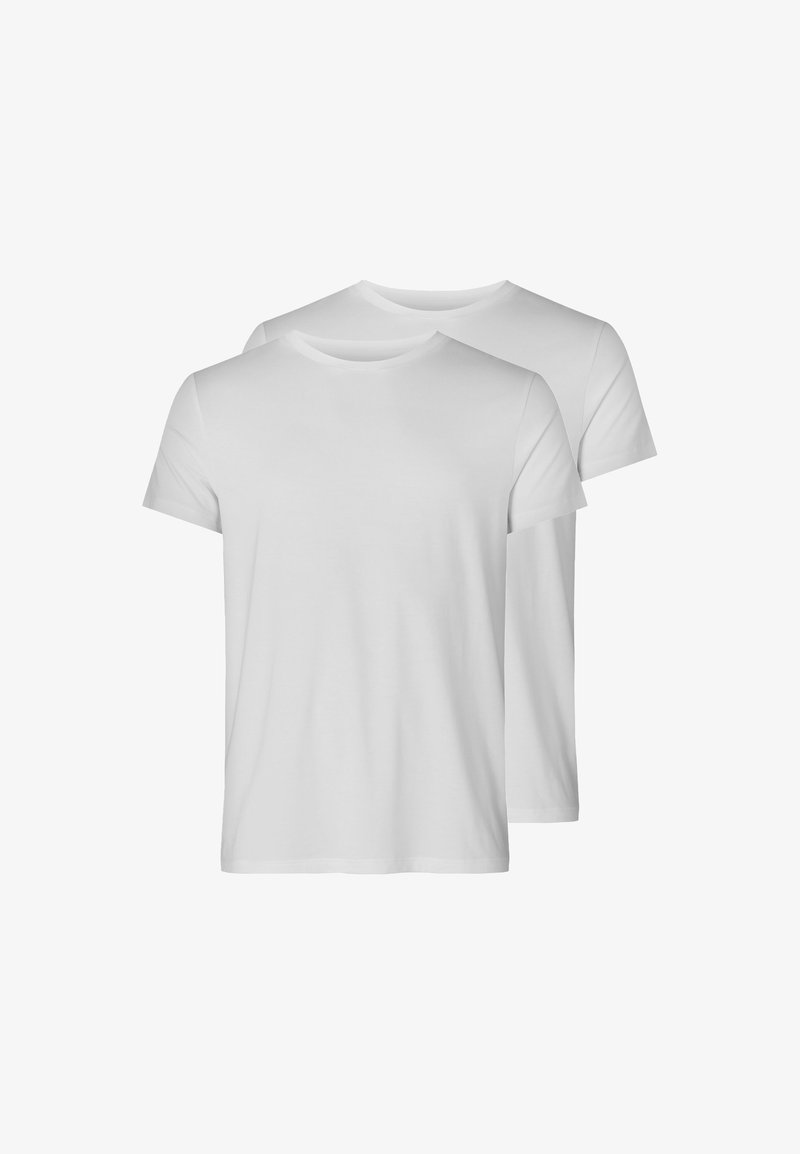 Zwei weiße Rundhalsausschnitt-T-Shirts werden präsentiert, die kurze Ärmel und eine einfache, glatte Textur aufweisen. Es sind keine Muster oder Verzierungen vorhanden.