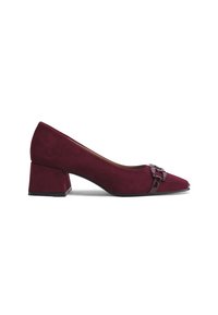 Stivaletto in suede bordeaux con punta quadrata, tacco a blocco e un elegante fiocco lucido sulla tomaia. Superficie texturizzata, design semplice.
