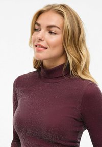 Maglione a collo alto bordeaux con una texture luminosa, design aderente, maniche lunghe e una finitura liscia. Leggera scintillio su tutto il tessuto.