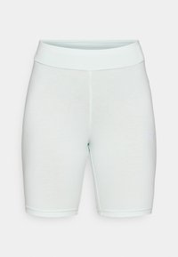 Light mint green cycling shorts made of stretchy fabric. Features a wide waistband and a small logo on the lower left side. Smooth texture.