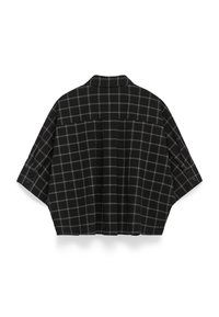 Schwarze und graue karierte Hemdjacke mit kurzen Ärmeln, einem Kragen und Knopfdetail an den Bündchen, mit einem entspannten Schnitt und kastiger Form.