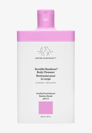 White bottle of body cleanser with a pink cap. Features black logo and text. Contains vanilla fruit extract and bamboo beads. 240 mL.