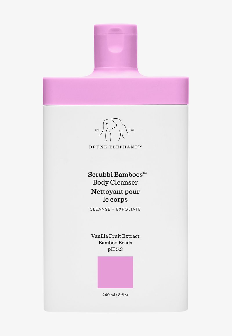Weiße Flasche mit Körperreiniger und pinkem Deckel. Besitzt schwarzes Logo und Schriftzug. Enthält Vanillefruchtextrakt und Bambusperlen. 240 mL.