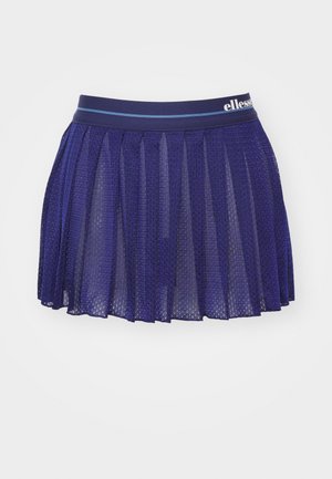 Marineblauwe plissérok van een gaasstof, met een elastische tailleband en contrasterend horizontaal streepdessign. Lichtgewicht en semi-transparant ontwerp.