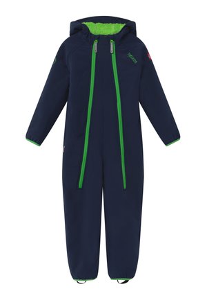 Navy blue overall with a hood, featuring a bright green lining and zippers, elastic cuffs, and reinforced accents for durability.