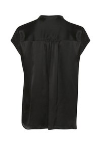 Blouse en satin noir avec un col montant et des manches courtes. Présente un design à dos plissé pour ajouter de la texture et une finition lisse.