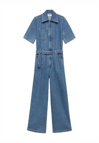 Denim kombinezon kratkih rukava, s prednim zatvaračem, zakrpnim džepom, širokim nogavicama i pojasom u srednjem plavom pranju.