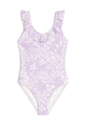 Sini-lilla üheosaline ujumistrikoo, millel on volangidega kaelus, valge lillemustriga ja mõõdukalt lõigatud jalgeosa. Sujuva kangatekstuuriga.