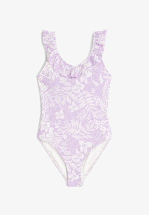 Sini-lilla üheosaline ujumistrikoo, millel on volangidega kaelus, valge lillemustriga ja mõõdukalt lõigatud jalgeosa. Sujuva kangatekstuuriga.