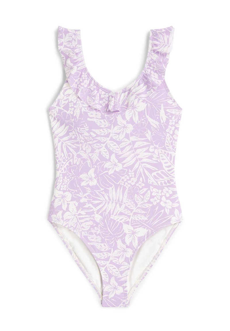 Sini-lilla üheosaline ujumistrikoo, millel on volangidega kaelus, valge lillemustriga ja mõõdukalt lõigatud jalgeosa. Sujuva kangatekstuuriga.