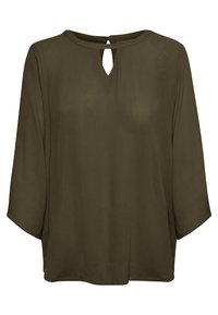 Blouse à manches longues vert olive avec un col rond et une petite ouverture en forme de goutte à l'avant, équipée d'une fermeture à bouton à l'arrière.