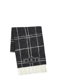 Plaid coperta a motivi in grigio scuro e bianco, realizzata in materiale morbido, con bordi fringed e un logo ricamato "CULT".