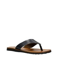 Černé kožené žabky se širokým páskem, polstrovanou hnědou stélkou a texturovanou gumovou podrážkou. Na pásku se nachází logo.