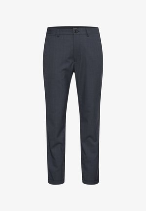 Navy blue tailored trousers with a subtle check pattern, made of smooth fabric, featuring a belt loop, button closure, and tapered legs.