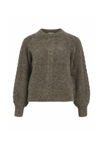 Brun strikket genser med rund hals, teksturert overflate og ballongsleeves. Har søm i midten og ribbestrikket falden.
