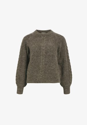 Pull en maille marron avec un col rond, surface texturée et manches ballon. Présente une couture centrale et un ourlet côtelé.