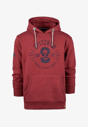 Sudadera con capucha roja con bolsillo frontal, cordones y un diseño gráfico que presenta una calavera con bigote. Puños y dobladillo acanalados.