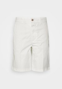 Shorts en coton blancs avec une coupe droite, dotés d'une fermeture à bouton sur le devant et de poches latérales, texture lisse et ourlet retroussé.