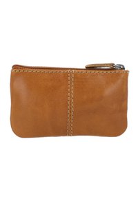 Braune Leder-Reißverschlusstasche mit glatter Textur, runder Form und sichtbaren Nähten. Sie verfügt über einen Metallreißverschluss und einen kleinen Leder-Zugtab.