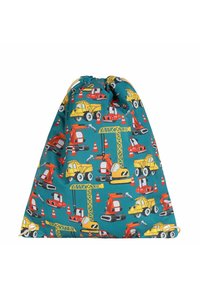 Trekkoordtas van teal stof met kleurrijke patronen van bouwvoertuigen, waaronder kranen, vrachtwagens en verkeerskegels.