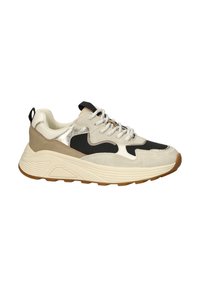 Veterschoenen met een beige, zwarte en metallic ontwerp; textuur van suède en mesh materialen; rubberen zool met een geprofileerde loop.