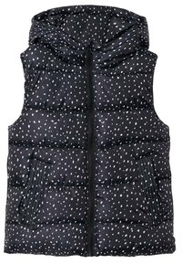 Černá péřová vesta s bílým skvrnitým vzorem, se zipem, nastavitelnou kapucí a dvěma předními kapsami. Vyrobena z lehkého, prošívaného materiálu.