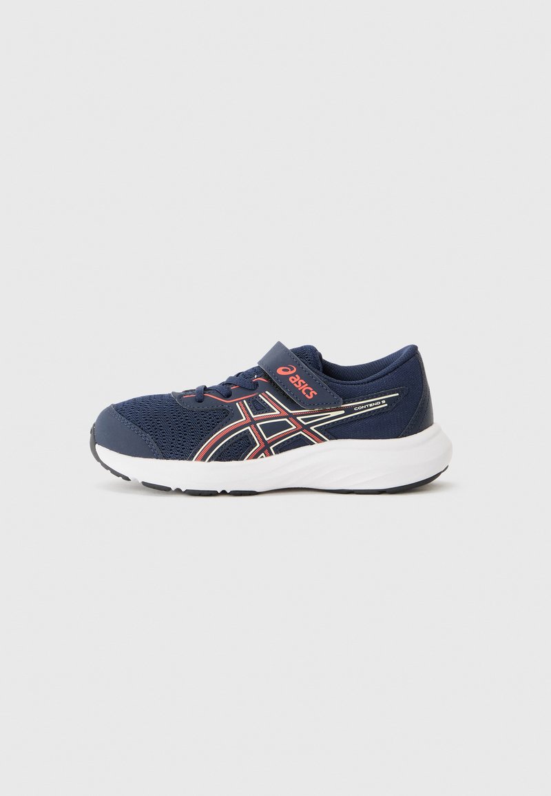 Navy athletic shoe with mesh upper, white sole, and contrasting red and silver accents. Features a strap for secure fit and rounded toe design.