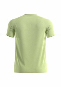 T-shirt vert clair à manches courtes avec un motif texturé, encolure ronde et tissu doux. La vue arrière montre un design lisse et sans coutures visibles.