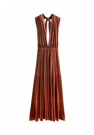 Long, rust-colored sleeveless dress with a deep V-neck, pleated fabric, and a tie-back detail, made from soft velvet material.
