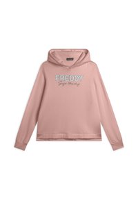 Felpa rosa con tasca a marsupio, maniche lunghe e scollatura ampia. Sul fronte è presente il testo "FREDDY" e "Cogli l'attimo" in colori contrastanti.