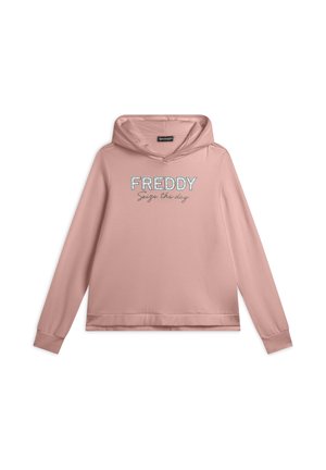 Haut à capuche rose avec poche kangourou, manches longues et encolure large. L'avant présente le texte "FREDDY" et "Saisis le jour" dans des couleurs contrastées.