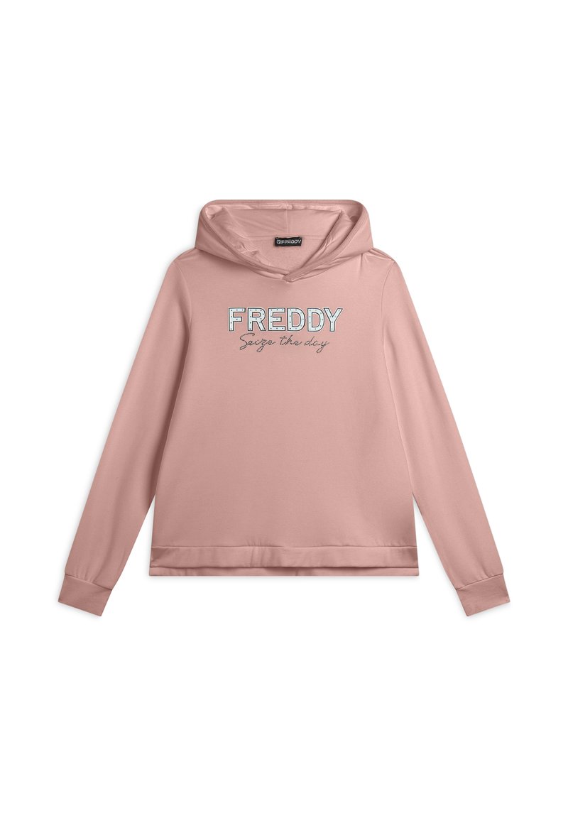 Felpa rosa con tasca a marsupio, maniche lunghe e scollatura ampia. Sul fronte è presente il testo "FREDDY" e "Cogli l'attimo" in colori contrastanti.