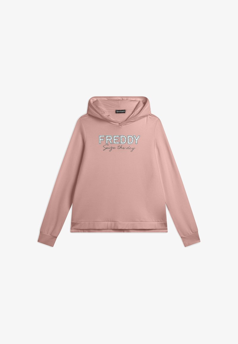 Sudadera rosa con bolsillo canguro, mangas largas y un escote amplio. En la parte frontal aparece el texto "FREDDY" y "Aprovecha el día" en colores en contraste.