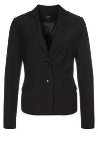 Blazer noir en tissu lisse, doté d'une fermeture à un bouton, de revers crantés et de deux poches avant. Design simple et ajusté.