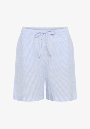 Blue and white striped shorts with an elastic waistband, drawstring closure, and side pockets. Made from lightweight fabric.