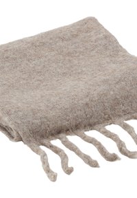 Écharpe en laine beige doux, pliée avec des franges torsadées sur un bord, présentée sur un fond blanc.