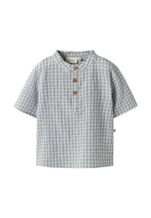 Camicia a maniche corte a quadretti grigio chiaro con colletto alla coreana e tre bottoni in legno sul davanti.