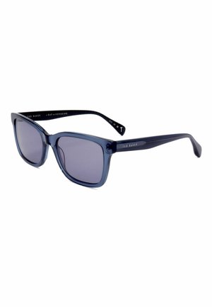 Occhiali da sole con montatura rettangolare blu scuro, lenti tintate, aste sottili e logo "Ted Baker" sul lato.