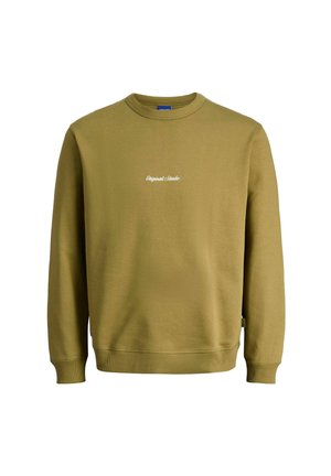 Olivengrøn sweatshirt lavet af blødt bomuldsstof, med ribbet rund hals og manchetter, samt hvidt broderet logo på brystet.