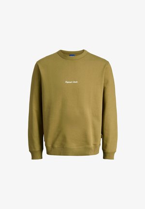 Hanorac verde măsliniu dintr-un amestec moale de bumbac, cu un guler și mansete ribbate, având un logo brodat alb pe piept.