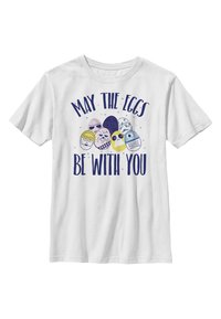 Hvid bomulds T-shirt med et grafisk design med farverige tegneserieægkarakterer og teksten "MÅ ÆGGENE VÆRE MED DIG" i blå.