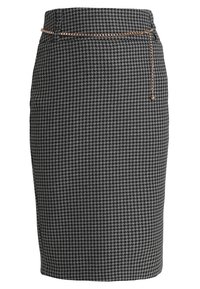 Sukně tužkového střihu s kostkovaným vzorem v černé a šedé látce. Má slim fit střih a ozdobný řetízek na pásku.