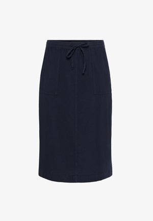 Granatowa bawełniana spódnica z elastycznym pasem, detalem do związania i dwiema przednimi kieszeniami. Prosty, prosty fason z długością do kolan.