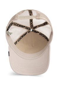 Beige mesh baseball cap with adjustable snapback and black "GOORIN" branded tape inside the crown.